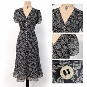 Vtg 90s Milkmaid Silk Midi Dress Black Sz 4 Soft Grunge Romantic Cottagecore